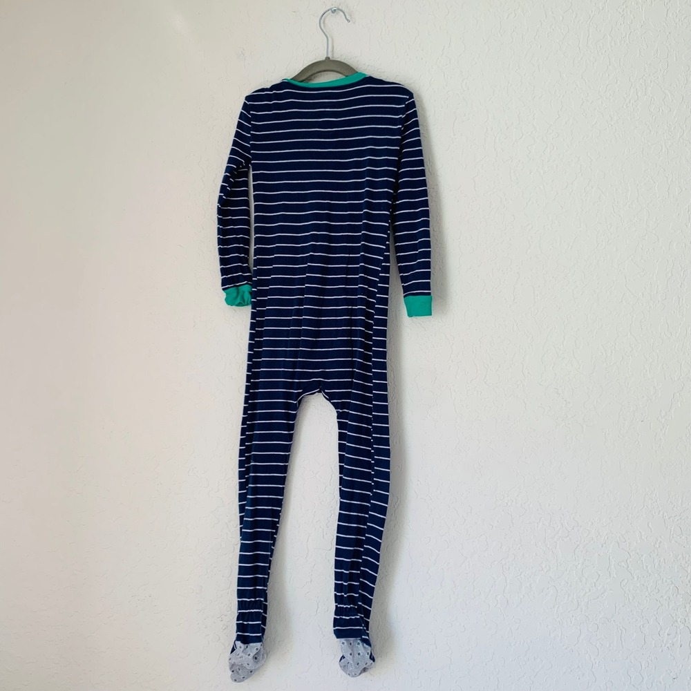 Members Mark Boys 5T Navy Blue Striped Dinosaur Skateboard Footed Sleeper PJs - Picture 2 of 9
